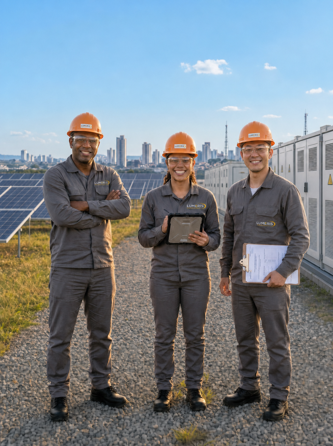 Equipe de engenheiros da Lumeris com capacetes identificados, em uma usina fotovoltaica com sistema BESS
